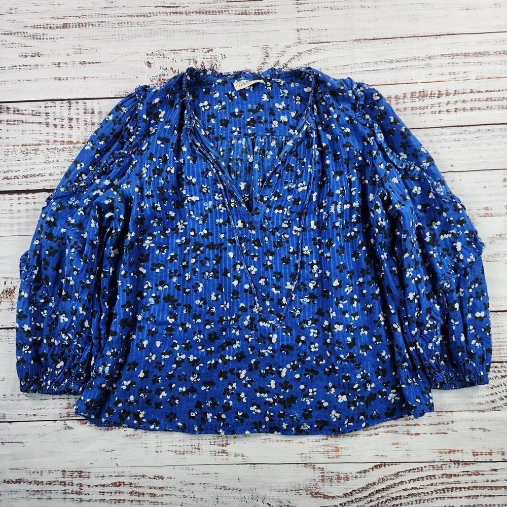 Ulla Johnson Manet Blouse Women's 0 Cornflower Blue Floral Silk Cotton Ruffle